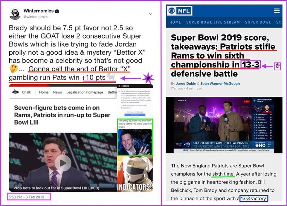 Super Bowl 53 — Patriots by 10, called at 5:53 PM; final 13–3